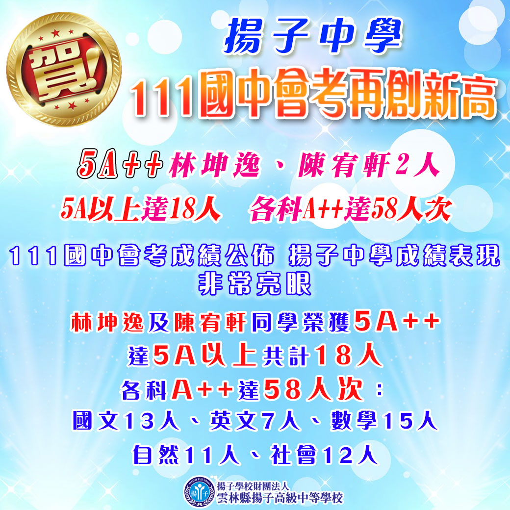 賀 揚子中學111國中會考再創新高